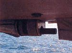 Figure 12.  Image showing the Reson Seabat 8101 hull mounted in the keel cut out of NOAA Launch 1005. 