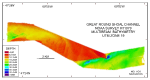 Figure 20.  Digital terrain model (DTM) of the sea floor produced from multibeam bathymetry collected during NOAA survey H11079 of Great Round Shoal Channel, offshore Massachusetts. Image is sun-illuminated from the north and vertically exaggerated 5x.  Hotter colors are shallower areas; cooler colors are deeper areas. See key for depth ranges.