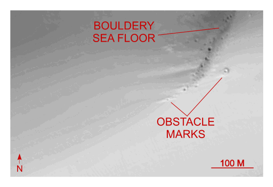 Figure 23. Detailed planar view of multibeam bathymetry from survey H11252 showing the bouldery sea floor along northern edge of this survey area, probably an exposed segment of the offshore extension of the Hammonasset-Ledyard moraine.
