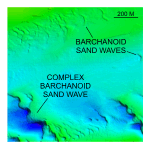 Figure 25. Detailed planar view of multibeam bathymetry from survey H11361 showing barchanoid sand waves northeast of the shoal suggesting net transport to the west.