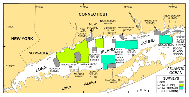 Figure 2. Map showing location of the bathymetric and backscatter surveys completed in Long Island Sound.