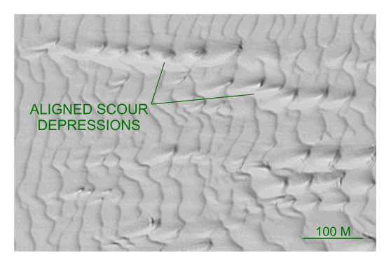 Figure 34. Detailed planar view of multibeam bathymetry from survey H11252 showing the aligned isolated depressions that form in troughs of adjacent sand waves.