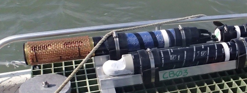 Figure 20. YSI EXO water quality sensor (top), with copper mesh to protect the probes prior to deployment in Chincoteague Bay, Maryland, 2014. An upward-looking Aquadopp is installed next to it on the platform 