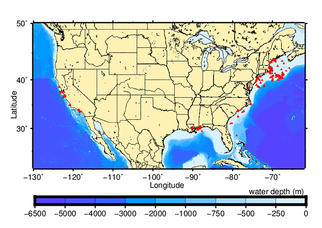 Figure 3. Map of North America showing the locations at which data in the oceanographic time-series database were collected.  