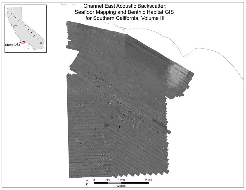 Map showing acoustic backscatter data for channel east from cruise S102SC
