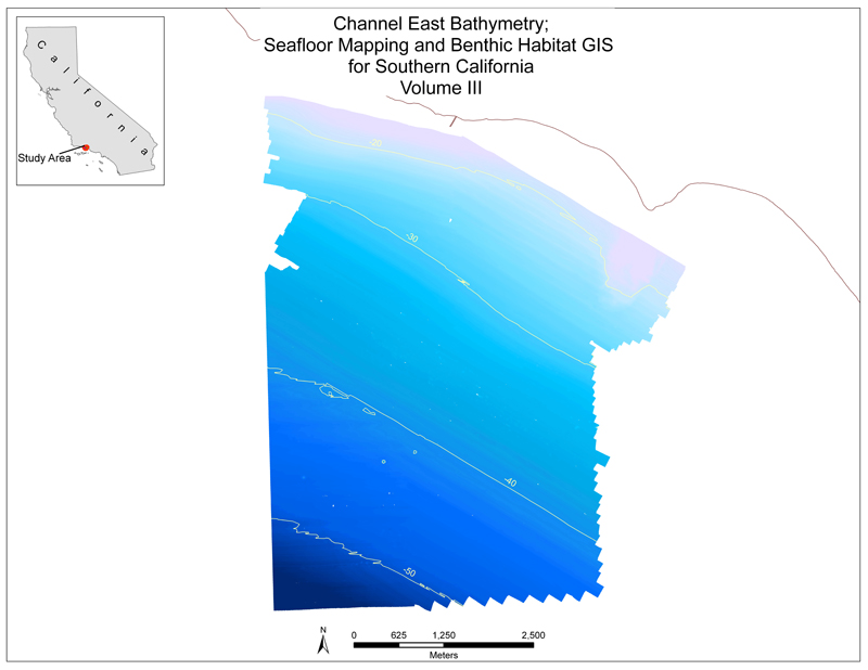 Map showing bathymetry data for channel east from cruise S102SC