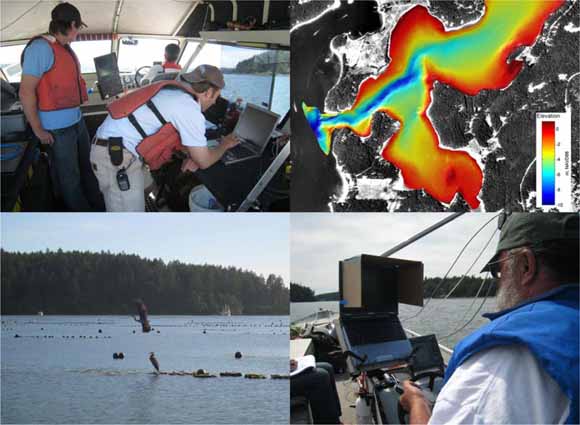 Cover shows four images:  three scientists in the cabin of a boat, a bathymetry map, a water scene of the bay, and a scientist on deck.