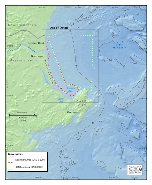 Figure 1.1.Map showing the location of the survey areas offshore of northeastern Massachusetts between Cape Ann and Salisbury Beach.The offshore area (green dashed outline) and nearshore area (red dashed outline) were mapped in two separate cruises in 2004 and 2005, respectively. USGS, U.S. Geological Survey; SAIC, Science Applications International Corporation.