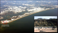 Figure 1.3. Air photograph of Plum Island and the mouth of the Merrimack River on the northeastern coast of Massachusetts. A small drumlin (inset) anchors the southern end of the island. Erosion of the drumlin provides sandy sediment to the barrier beach and has left behind a deposit of boulders on the beach and shoreface. (Photograph by Joseph Kelley, University of Maine, March 2005.)