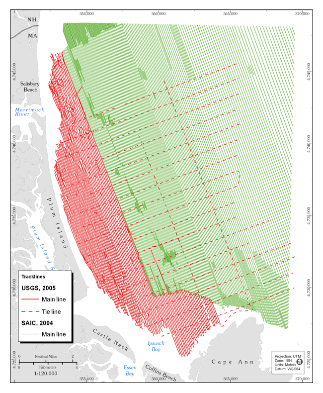 Figure 3.2.Map showing tracklines of geophysical data in the nearshore area (red) and offshore area (green). USGS, U.S. Geological Survey; SAIC, Science Applications International Corporation.