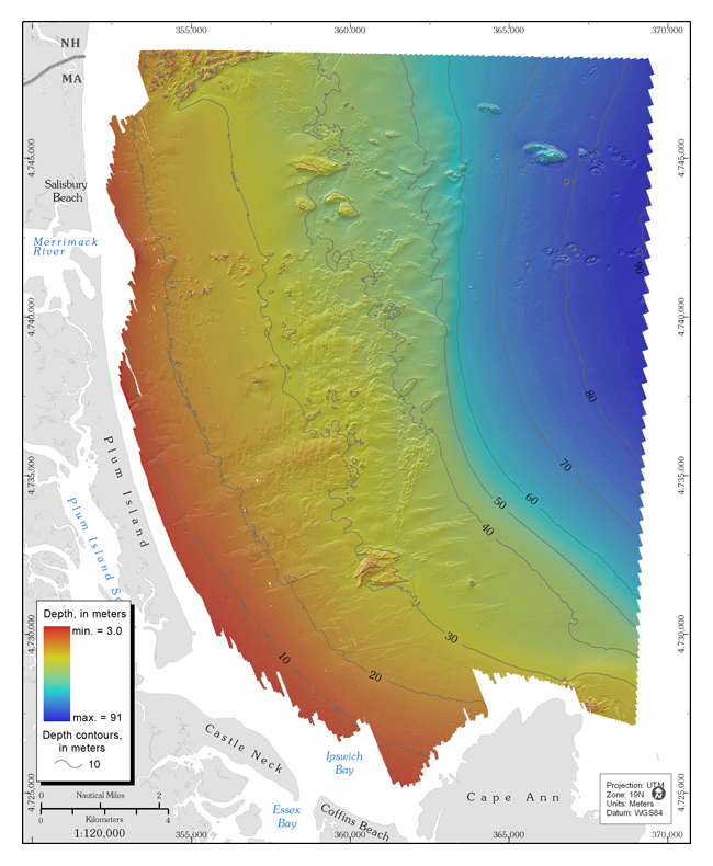 Figure 3.3. Map showing shaded-relief topography of seafloor offshore of northeastern Massachusetts between Cape Ann and Salisbury Beach. Coloring and bathymetric contours represent depths in meters, relative to the local mean lower low water (MLLW) datum.