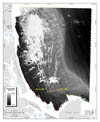 Figure 3.4.Map showing acoustic-backscatter intensity offshore of northeastern Massachusetts between Cape Ann and Salisbury Beach.Backscatter intensity is an acoustic measure of the hardness and roughness of the seafloor.In general, higher values (light tones) represent rock, boulders, cobbles, gravel, and coarse sand.Lower values (dark tones) generally represent fine sand and muddy sediment.Offshore data (green dashed outline) were collected by SAIC in 2004 and nearshore data (red dashed outline) were collected by USGS in 2005.