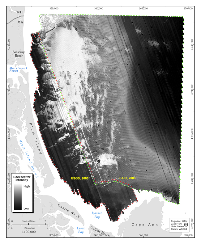 Figure 3.4. Map showing acoustic-backscatter intensity offshore of northeastern Massachusetts between Cape Ann and Salisbury Beach. Backscatter intensity is an acoustic measure of the hardness and roughness of the seafloor. In general, higher values (light tones) represent rock, boulders, cobbles, gravel, and coarse sand. Lower values (dark tones) generally represent fine sand and muddy sediment. Offshore data (green dashed outline) were collected by SAIC in 2004 and nearshore data (red dashed outline) were collected by USGS in 2005.