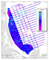 Figure 3.5.Map showing the isopach of total sediment thickness (all sediment that overlies bedrock).Small, isolated exposures of bedrock (dark gray shading) are covered with sediment less than 0.5 m thick.Sediment-thickness values were interpreted from closely spaced seismic-reflection profiles.In the nearshore area, measured values were used to generate an interpolated grid, but in the offshore area, they are only displayed as discrete points along the widely spaced tracklines.