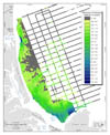 Figure 3.6.Map showing the thickness of sandy Holocene sediment (mobile sediment that overlies the transgressive unconformity).  Deposits thicker than 5 m are adjacent to the mouth of the Merrimack River and within Ipswich Bay.  Extensive areas offshore of central Plum Island and Salisbury Beach are covered by deposits thinner than 0.5 m.  Sediment-thickness values were interpreted from closely spaced seismic-reflection profiles.  In the nearshore area, measured values were used to generate an interpolated grid but, in the offshore area, the values are only displayed as discrete points along the widely spaced tracklines.