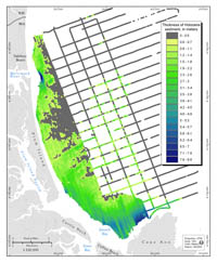 Figure 3.6. Map showing the thickness of sandy Holocene sediment (mobile sediment that overlies the transgressive unconformity).  Deposits thicker than 5 m are adjacent to the mouth of the Merrimack River and within Ipswich Bay.  Extensive areas offshore of central Plum Island and Salisbury Beach are covered by deposits thinner than 0.5 m.  Sediment-thickness values were interpreted from closely spaced seismic-reflection profiles.  In the nearshore area, measured values were used to generate an interpolated grid but, in the offshore area, the values are only displayed as discrete points along the widely spaced tracklines.