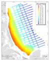 Figure 3.7.Map showing the elevation of the transgressive unconformity, a gently sloping erosional surface that is etched into Pleistocene sediment.Although locally buried by Holocene marine sediment up to 9 m thick, the unconformity is exposed at the seafloor in many locations.Elevations of the transgressive unconformity were calculated by subtracting measured values of Holocene sediment thickness (fig. 3.6) from the combined bathymetric grid (fig. 3.3).In the nearshore area, elevations were used to generate an interpolated grid, but in the offshore area, they are only displayed as discrete points along the widely spaced seismic-reflection tracklines. Depths are relative to the local mean lower low water datum.