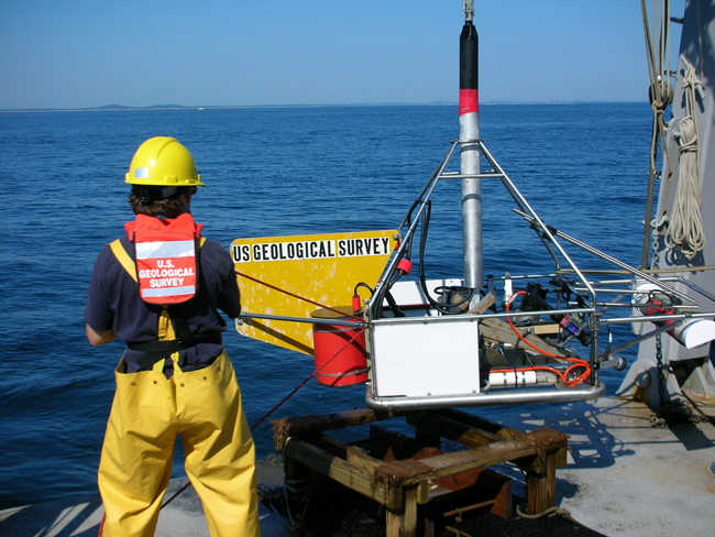 Figure 3.8. Photograph of the SEABed Observation and Sampling System (SEABOSS) on the deck of the RV Connecticut. Photographic data and sediment samples collected by the system were used to validate geophysical data and characterize seafloor environments.