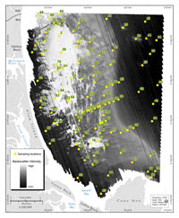 Figure 3.9. Map showing the locations of sediment samples and bottom photographs superimposed on a map of acoustic-backscatter intensity.  Each numbered circle indicates a station where bottom photographs, video, and/or samples were collected to validate interpretations of geophysical data.
