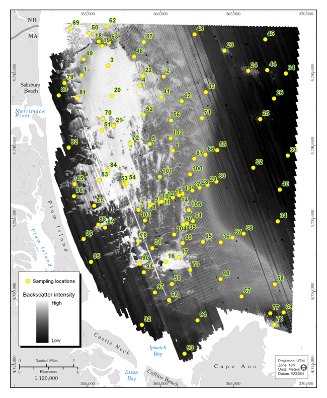 Figure 3.9.Map showing the locations of sediment samples and bottom photographs superimposed on a map of acoustic-backscatter intensity.  Each numbered circle indicates a station where bottom photographs, video, and/or samples were collected to validate interpretations of geophysical data.