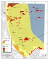 Figure 4.1.Interpretive geologic map showing five physiographic zones on the inner continental shelf, including Ebb-Tidal Delta, Nearshore Ramp, Outer Basin, Rocky Zone, and Shelf Valley.Physiographic zones are superimposed on gray-scale, shaded-relief bathymetry except in areas adjacent to the shoreline in shallow water landward of the survey area.See Section 4  Interpretive Geologic Mapping for a detailed description of each zone.Index boxes and profile lines show locations for other figures used in this report.