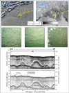 Figure 4.4.Maps showing bathymetry (upper left) and acoustic-backscatter intensity (upper right) in the northwestern part of the survey area.A small Shelf Valley (SV) cuts through a large expanse of Rocky Zone (RZ), adjacent to the relatively smooth, sand- and gravel-covered surface of the Nearshore Ramp (NR).Bottom photographs A-C and seismic-reflection profile (bottom) are indicated by yellow circles and a red line, respectively.The distance across the bottom of the photographs is approximately 50 cm.See Figure 4.1 for location.A constant seismic velocity of 1500 m/s through water, sediment, and rock was used to convert from two-way travel time to depth.