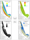 Figure 4.8. Maps of the nearshore area showing the three inputs to the quantitative bottom classification: (A) water depth, (B) bathymetric slope, and (C) acoustic-backscatter intensity.  Map D shows the predicted texture of surficial sediment in the area and the mean grain size of the 14 sediment samples represented by the graph in figure 4.7. Appendix 4 describes the processing flow for the analysis, input data, and functions used to generate this classification.