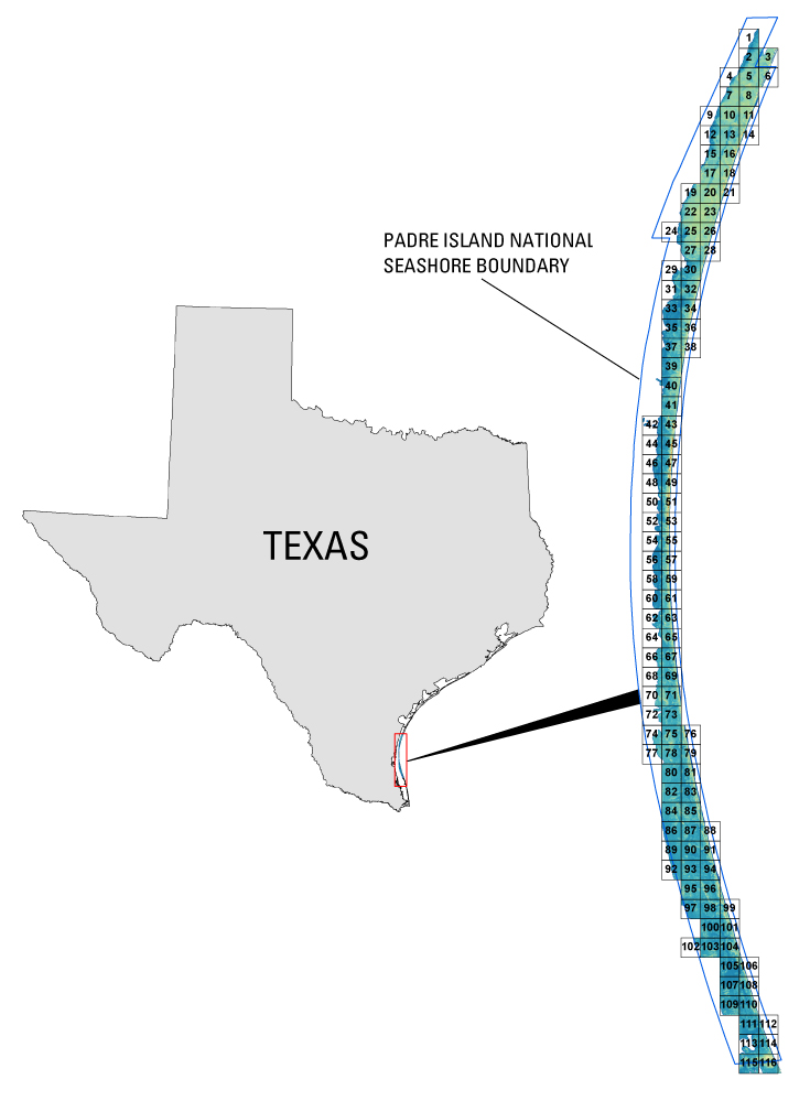 Map of Texas and Padre Island National Seashore Tile Locations
