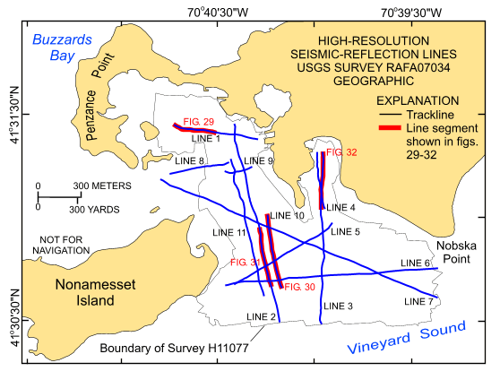 Figure 11. Map showing the locations of the tracklines (blue lines) along which the chirp high-resolution seismic-reflection data were collected during the November 2007 Rafael 07034 cruise and the locations of line segments shown in figures 29-32 (red segments).