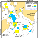 Figure 19. Map showing the boundary of the acoustic data from National Oceanic and Atmospheric Administration survey H11077 of Woods Hole, Massachusetts and the locations of the detailed planar (yellow polygons) and perspective (blue polygons) views of the multibeam digital terrain model and sidescan-sonar mosaic shown in indicated figures. 