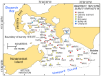 Figure 33. Map showing the station locations used to verify the acoustic data, color-coded for sediment texture. Hotter colors are coarser grained sediment; cooler colors are finer grained sediments. See key for sediment classifications.