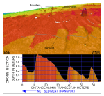 Figure 44. Detailed perspective view of the bathymetry looking south across the sand-wave field east of Great Ledge from the digital terrain model produced during National Oceanic and Atmospheric Administration survey H11077 of Woods Hole, Massachusetts. Line shows location of transect; cross section shows scaled bathymetry and that sand-wave asymmetry indicates net eastward transport along the northern part of this sand-wave field. Location of view is shown in figure 19. 
