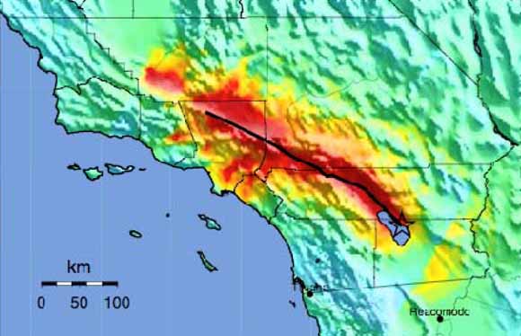 A map image of southern California showing elongate rings of colors with the warmest colors concentrated along the San Andreas Fault. Caption follows.