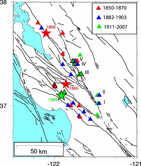 map of Hayward-Fault area showing possible epicenters