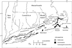 Figure 4. Location of end moraines (black polygons) and submarine ridges (dashed lines) in southern New York and New England (modified from Gustavson and Boothroyd, 1987) and location of study area (gray polygon). The Ronkonkoma-Nantucket end moraine represents the maximum advance of the Laurentide Ice Sheet about 20,000 years ago and the Harbor Hill-Roanoke Point-Charlestown-Buzzards Bay end moraine represents a retreated ice-sheet position from about 18,000 years ago (Uchupi and others, 1996). 