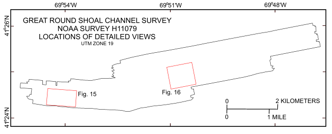 Figure 14. Map showing the boundary of the sidescan-sonar data from National Oceanic and Atmospheric Administration survey H11079 of Great Round Shoal Channel and the locations of the detailed views of the mosaics shown in figures 15 and 16.