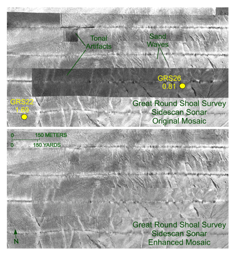 Figure 15. Detailed view of the original (top) and enhanced (bottom) sidescan-sonar mosaics from the western part of the Great Round Shoal Channel survey by the National Oceanic and Atmospheric Administration.