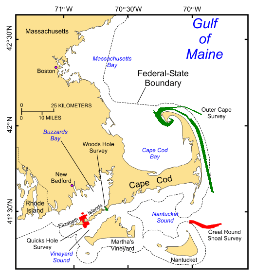 Figure 1. Index map of Cape Cod and the Islands showing the locations of National Oceanic and Atmospheric Administration surveys H11076 of Quicks Hole (Poppe and others, 2007a) and H11079 of Great Round Shoal Channel (Poppe and others, 2007b), Massachusetts (in red). Also shown in green are the locations of other surveys being interpreted as part of this series (Outer Cape Cod: Poppe and others, 2006a,b; Woods Hole: Poppe and others, 2008).