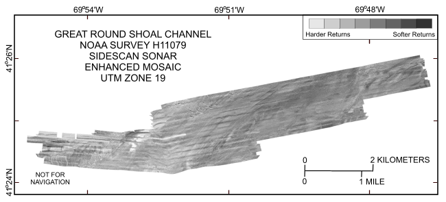 Figure 9. Enhanced sidescan-sonar imagery from the National Oceanic and Atmospheric Administration survey of Great Round Shoal Channel. Lines of unnatural and abruptly different tone were matched to the surrounding backscatter. Lighter tones represent harder returns and higher backscatter.