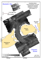 Figure 6. Original sidescan-sonar imagery from the National Oceanic and Atmospheric Administration survey of Quicks Hole, Massachusetts (Poppe and others, 2007a). Note the numerous tonal artifacts. Lighter tones represent harder returns and higher backscatter. 