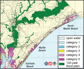 Hurricane-surge map showing areas of the Grand Strand at risk of inundation from hurricanes.