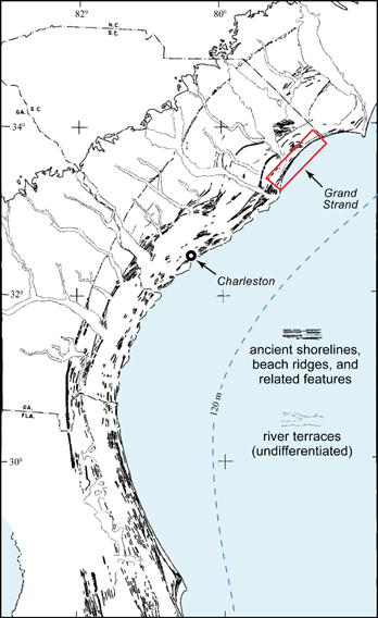 Map of the southeastern United States showing a series of ancient shorelines that formed at previous highstands of sea level.