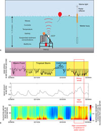 Figure 2.11 – Schematic diagram showing oceanographic instruments deployed offshore of Myrtle Beach as part of the SCCES and examples of data including wind speed and direction, wave height and suspended sediment concentrations in the water column.