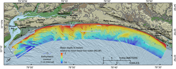 Figure 2.3 Map showing bathymetry offshore of the Grand Strand.