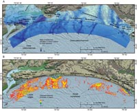 Figure 3.5. Maps showing topography on top of Cretaceous and Tertiary sedimentary rocks and thickness of Holocene inner-shelf sediments.
