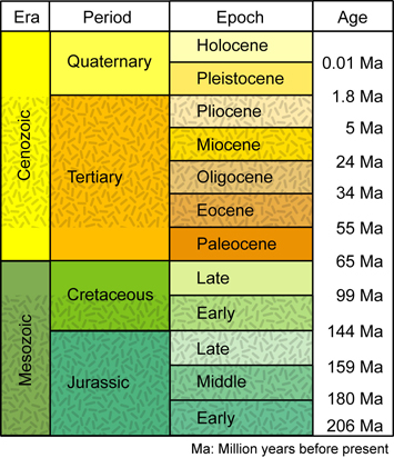 Table 3.1. Geologic time scale from the Jurassic Period to the present day.