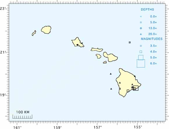 map of the Hawaiian Islands showing the locations of earthquakes.  Larger quakes are shown by larger boxes.