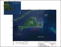 Thumbail image for Figure 1, showing location of the USGS Cruise 07011 survey bounds and the MVCO locations, and link to larger image.