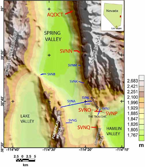 map showing that the study area extends from the Schell Creek Range in the northwest to Hamlin Valley in the southeast.  The southern Snake Range (Great Basin National Park) is in the east