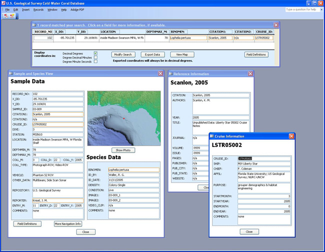 Figure 7A, screen shot of database showing search window, sample and species window, reference information window, and cruise information widow, with link to larger image.